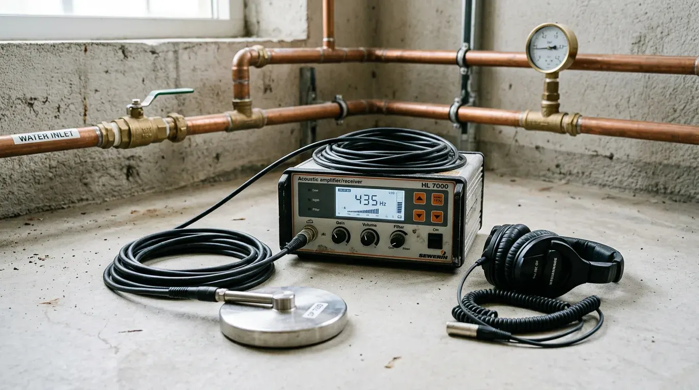 Non-invasive acoustic leak detection equipment testing residential plumbing lines in Utah